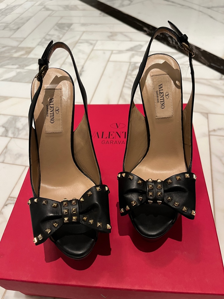 Valentino Garavani Black Leather Platform Slingback Heels With Rock Stud Bows